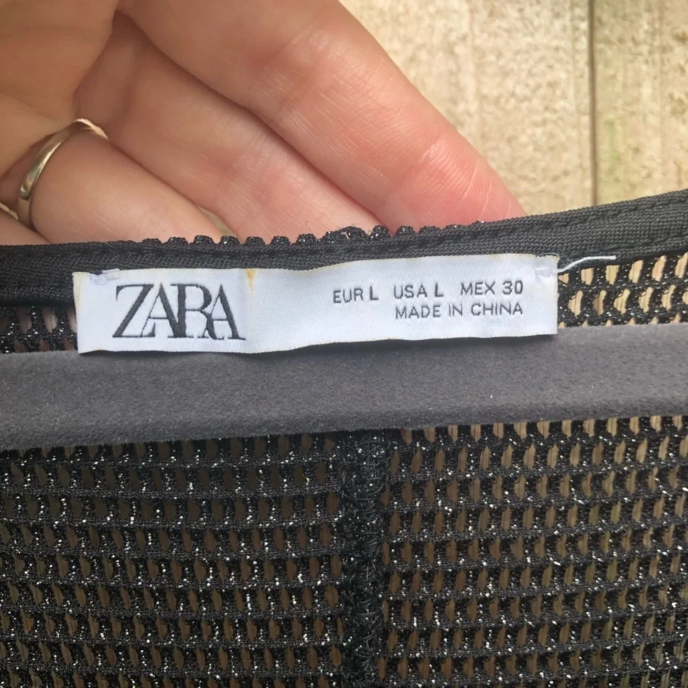 Zara Black Mesh Midi Dress Size L Long Sleeve Metallic Swim Cover V-neck Stretch - Picture 6 of 10